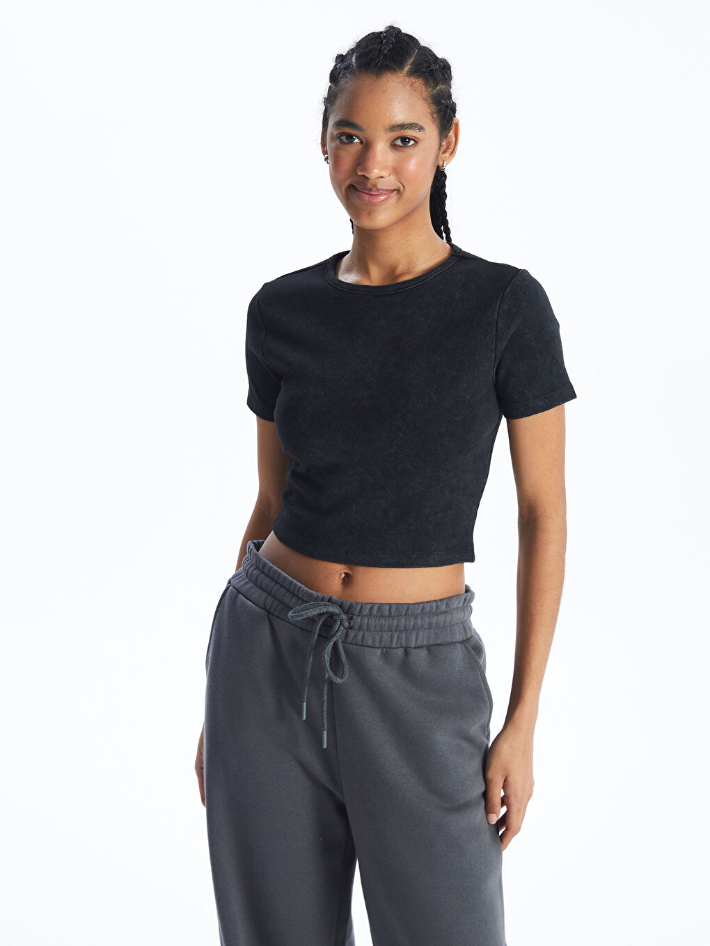 Crew Neck Straight Short Sleeve Women's Crop -S4JK41Z8-VDL
