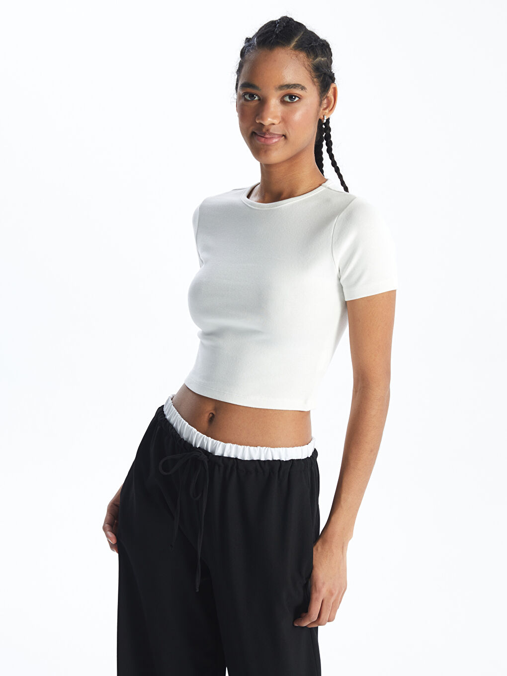 XSIDE Crew Neck Plain Short Sleeve Women's Crop -S4JK42Z8-R9J