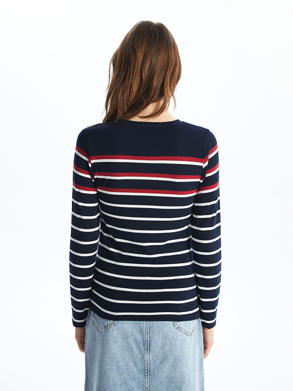 Lacivert Bisiklet Yaka Çizgili Uzun Kollu Kadın Tişört-4
