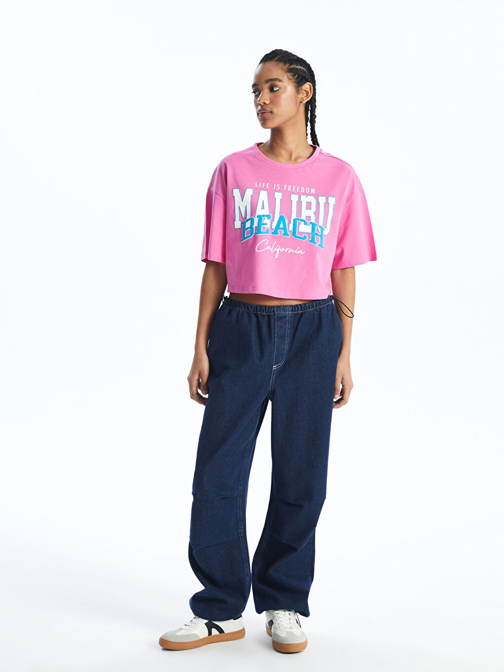 XSIDE Pembe Bisiklet Yaka Baskılı Kısa Kollu Oversize Kadın Crop - 2