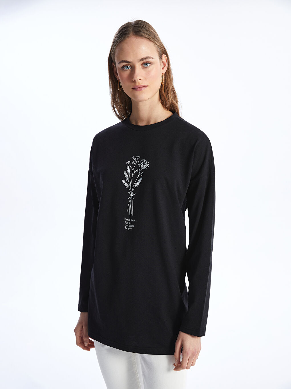 Siyah Bisiklet Yaka Baskılı Uzun Kollu Kadın Sweatshirt Tunik-1