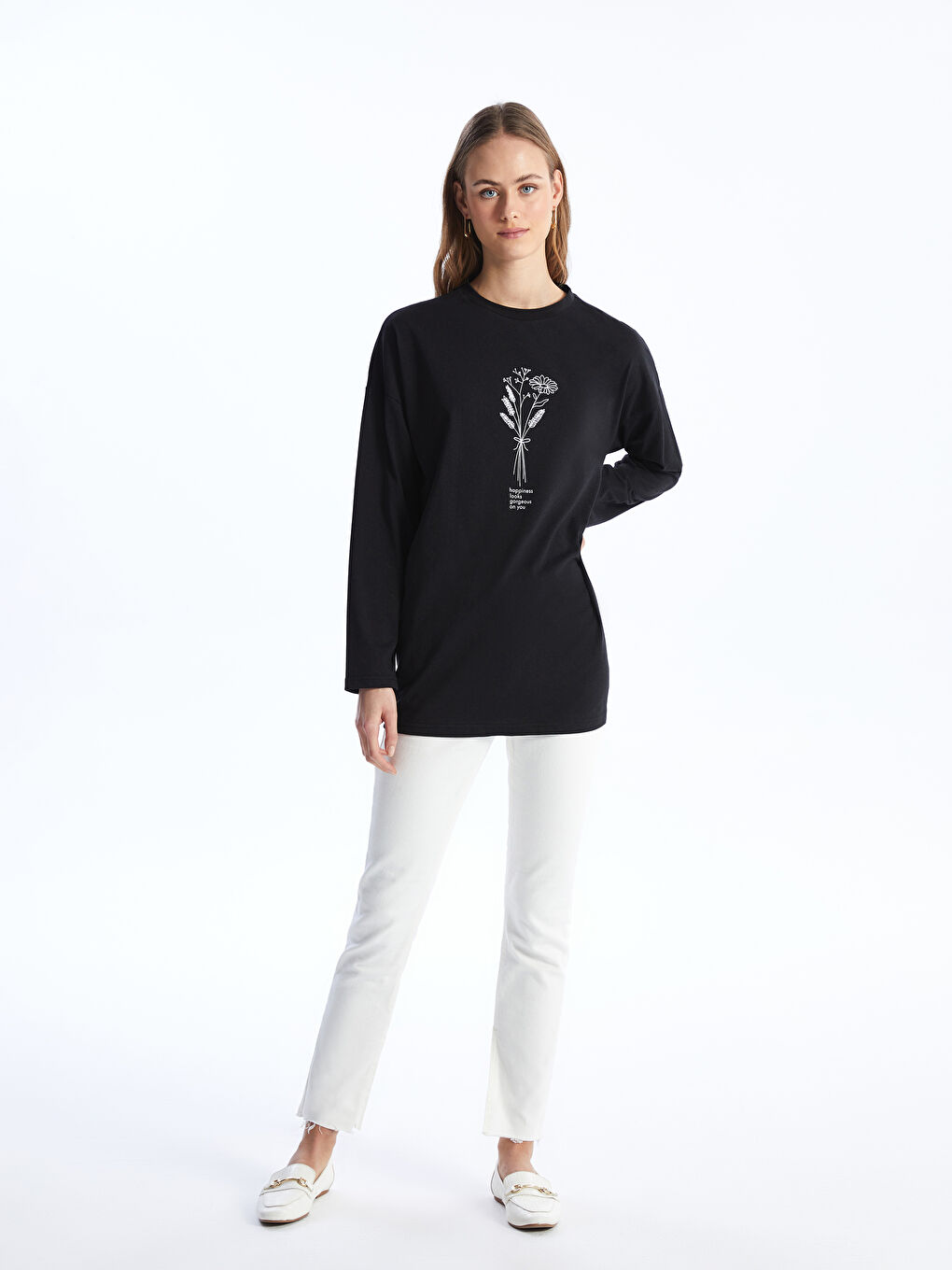 Siyah Bisiklet Yaka Baskılı Uzun Kollu Kadın Sweatshirt Tunik-2