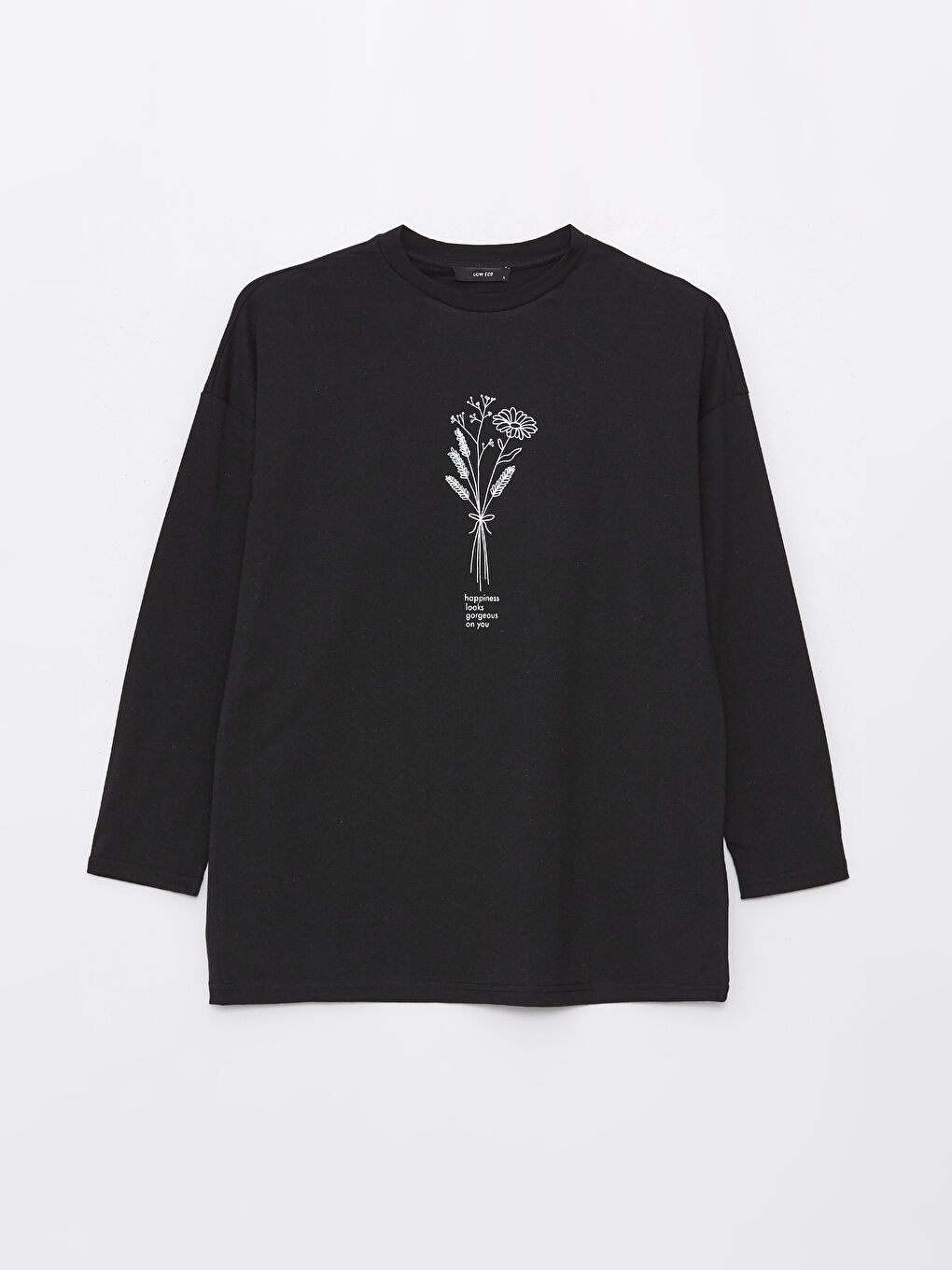 Siyah Bisiklet Yaka Baskılı Uzun Kollu Kadın Sweatshirt Tunik-5