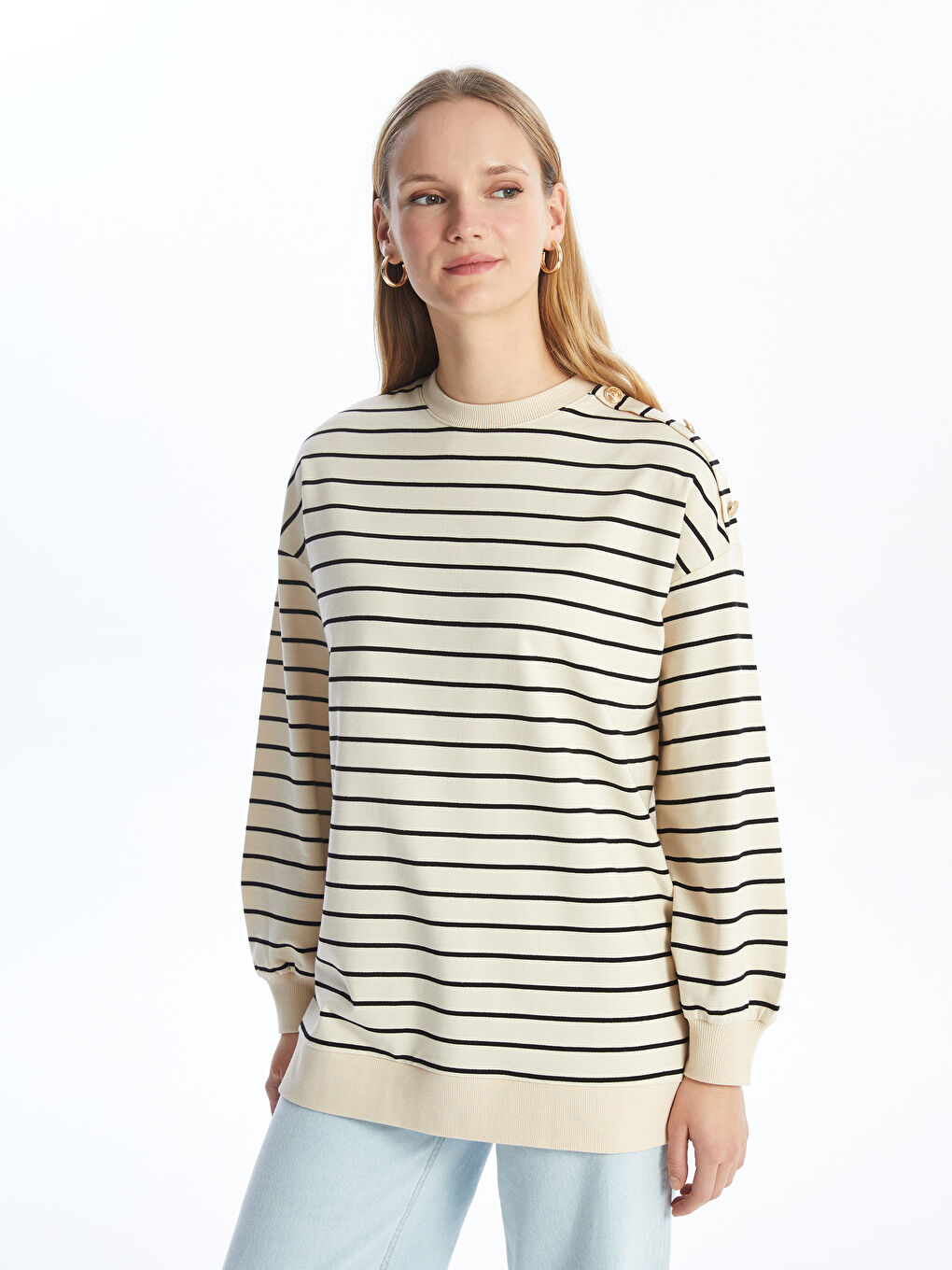 Crew Neck Striped Oversize Women's Sweatshirt Tunic -S4JM96Z8-LEG