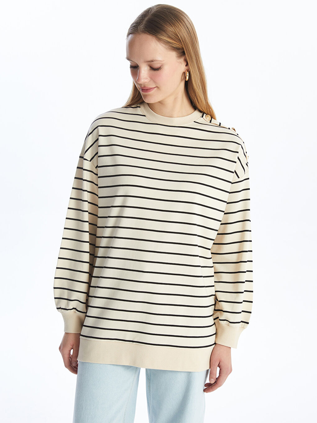 Crew Neck Striped Oversize Women's Sweatshirt Tunic -S4JM96Z8-LEG