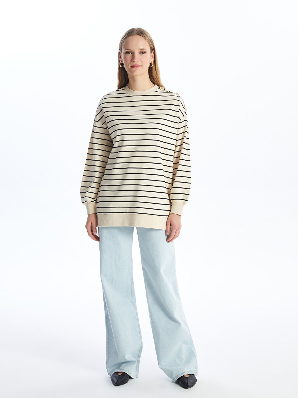Crew Neck Striped Oversize Women's Sweatshirt Tunic -S4JM96Z8-LEG