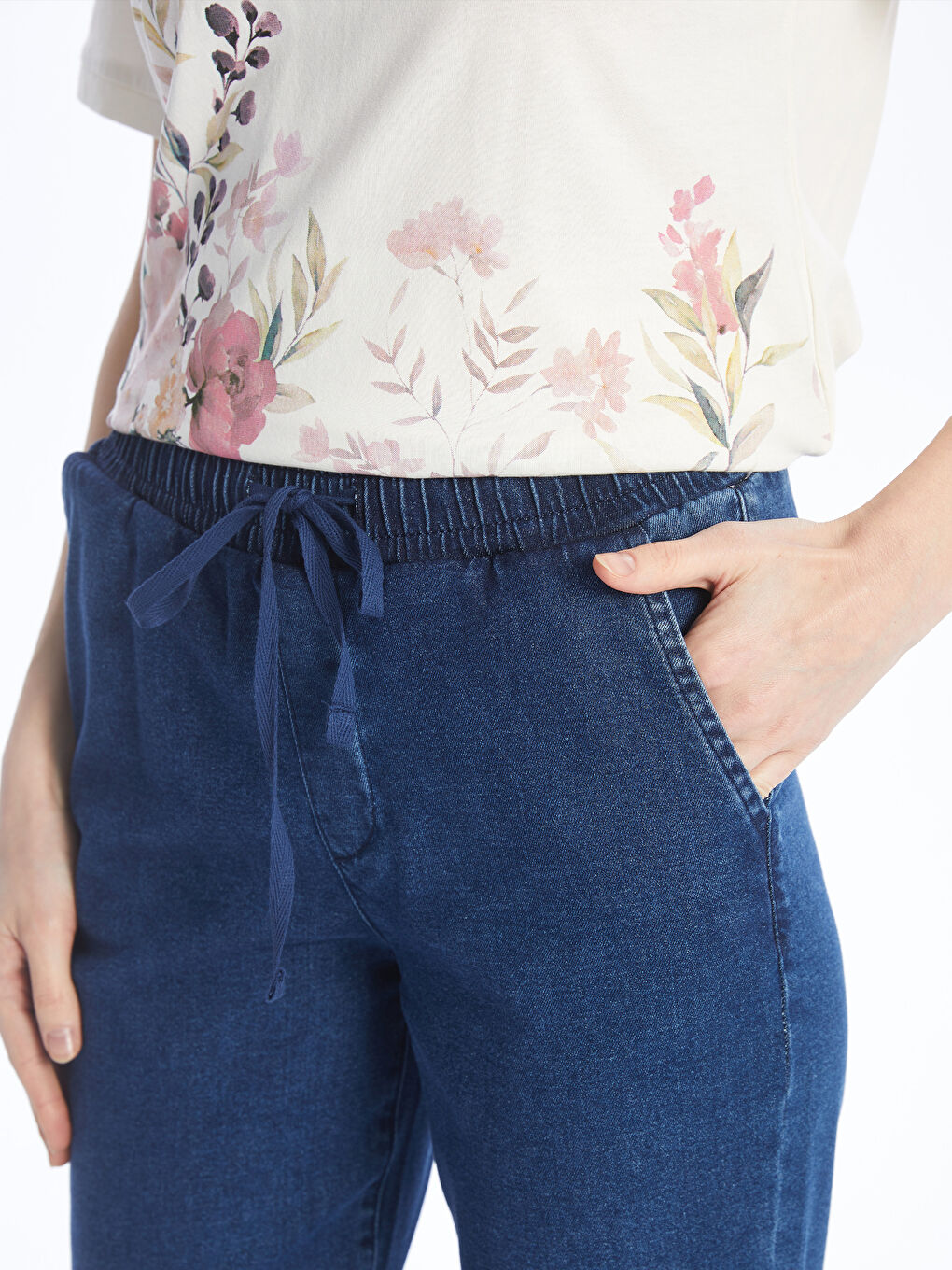 İndigo Beli Lastikli Straight Fit Kadın Jean Pantolon-2