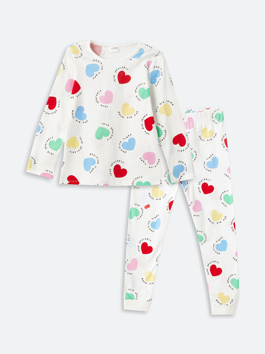 Beyaz Bisiklet Yaka Desenli Uzun Kollu Kız Çocuk Pijama Takımı