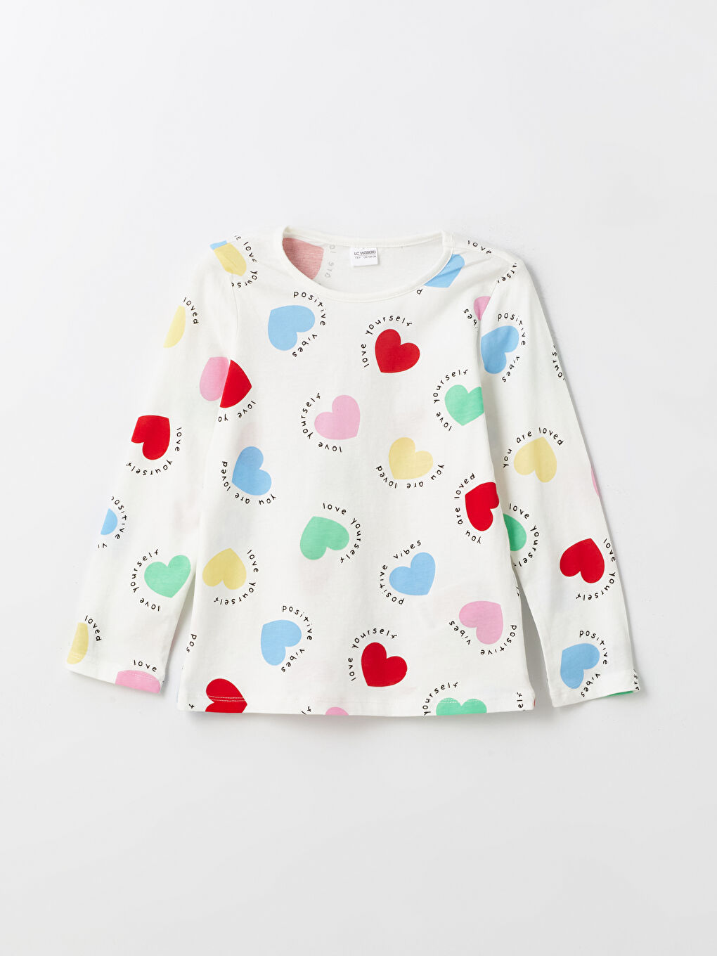 Beyaz Bisiklet Yaka Desenli Uzun Kollu Kız Çocuk Pijama Takımı-1