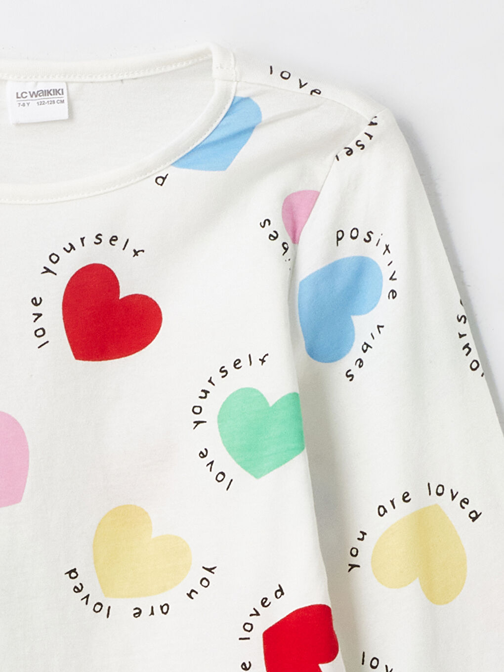 Beyaz Bisiklet Yaka Desenli Uzun Kollu Kız Çocuk Pijama Takımı-2