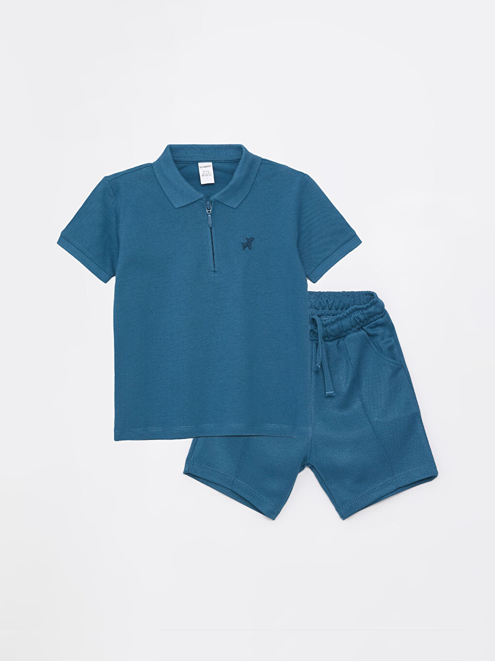 Mavi Polo Yaka Nakışlı Erkek Bebek Tişört ve Şort 2'li Takım