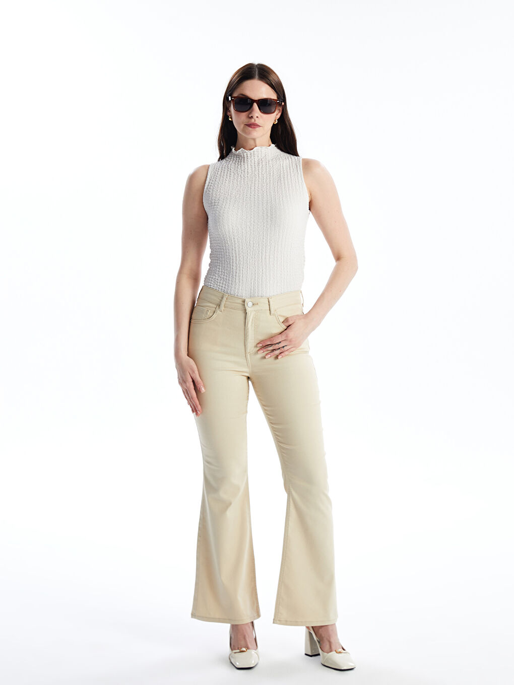 بنطلون نسائي سادة بأقدام واسعة ضيق فيت-2