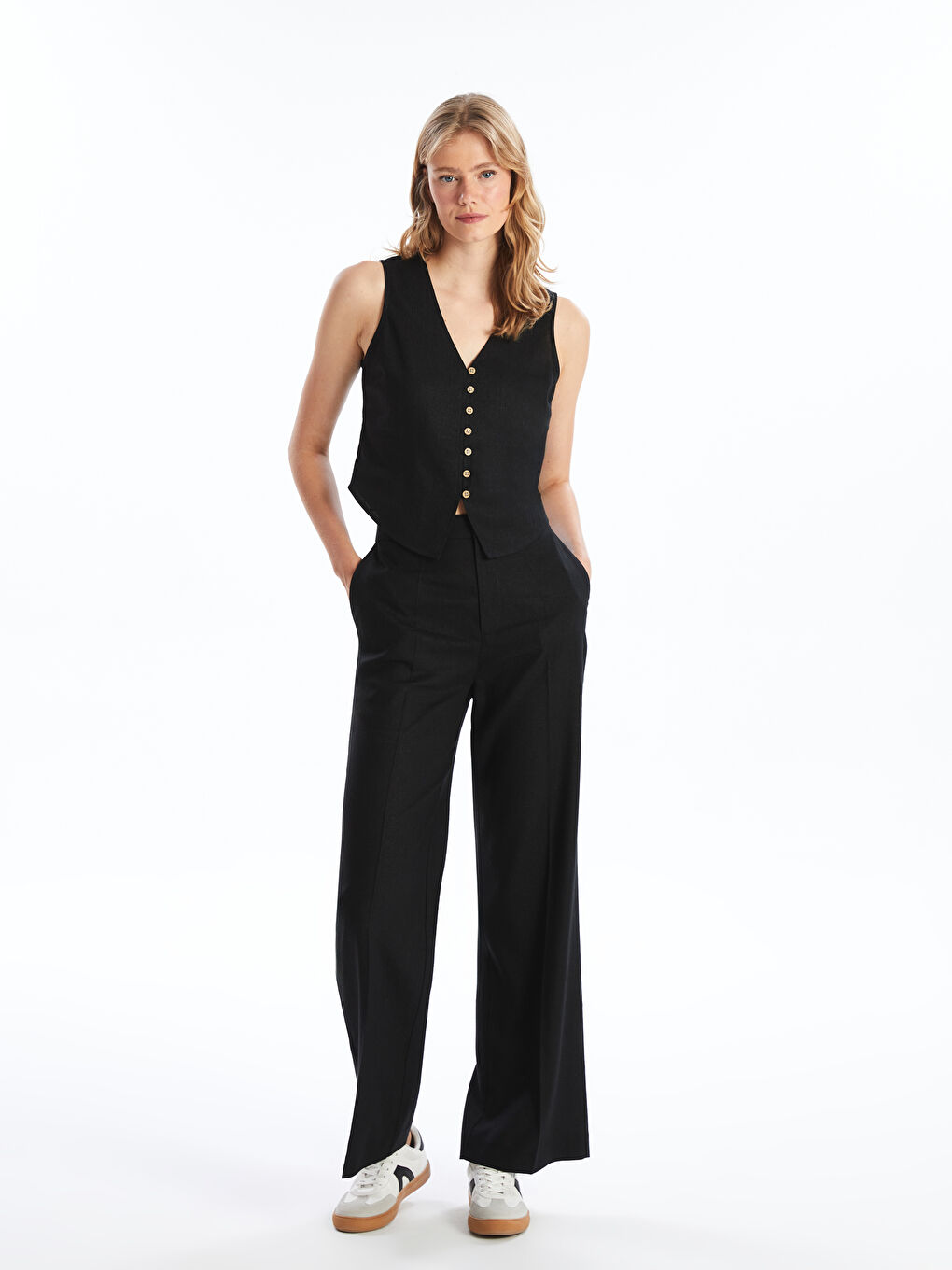 Regular Fit Plain Linen Blend Women's Trousers -S4JN91Z8-CVL