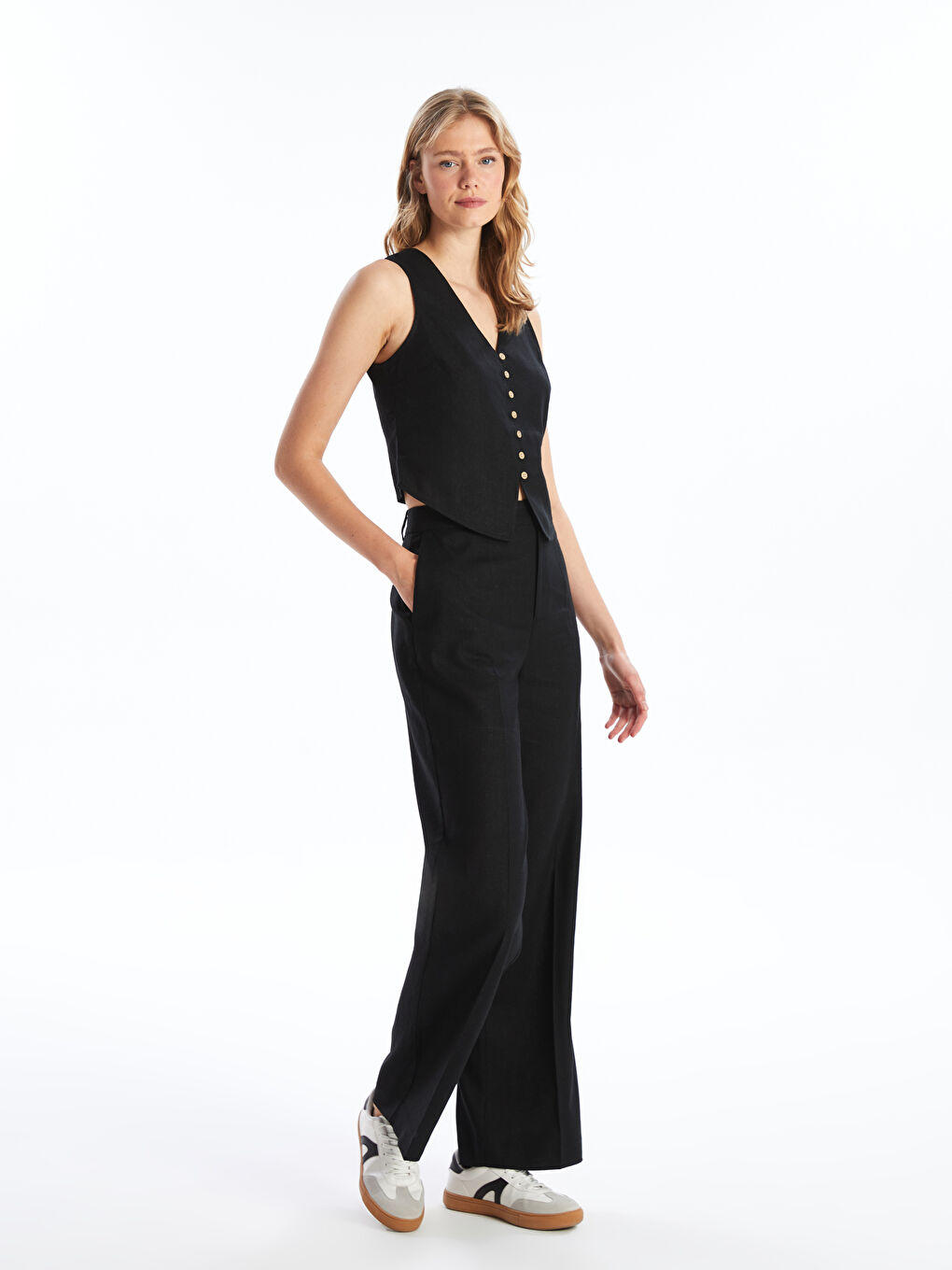 Regular Fit Plain Linen Blend Women's Trousers -S4JN91Z8-CVL