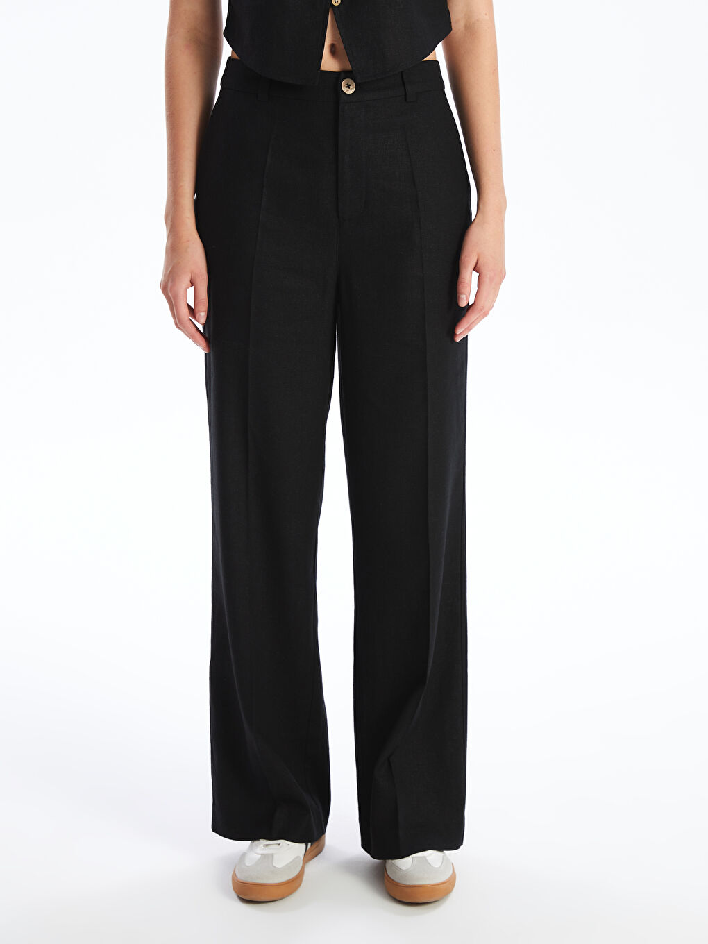 Regular Fit Plain Linen Blend Women's Trousers -S4JN91Z8-CVL