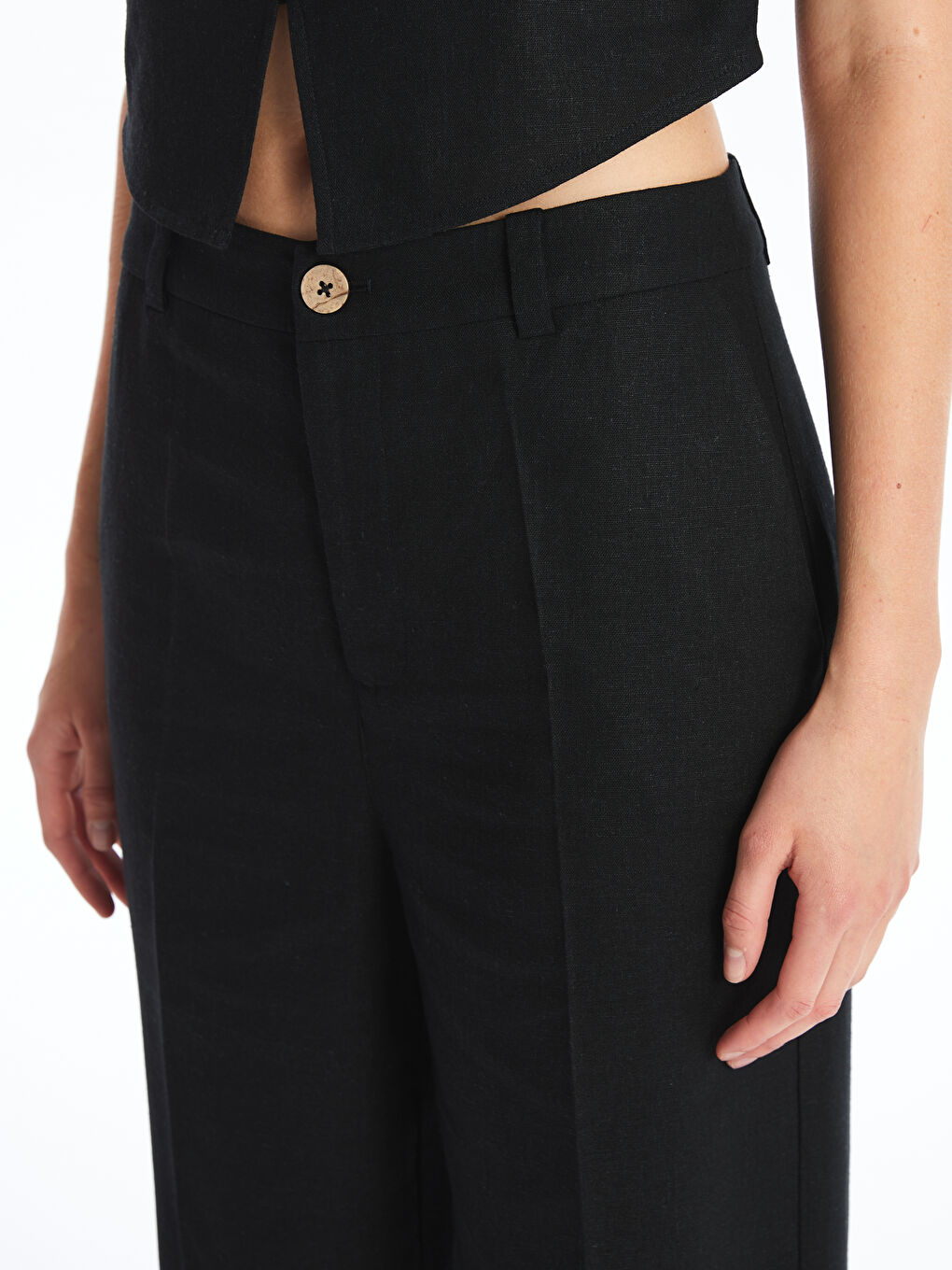 Regular Fit Plain Linen Blend Women's Trousers -S4JN91Z8-CVL
