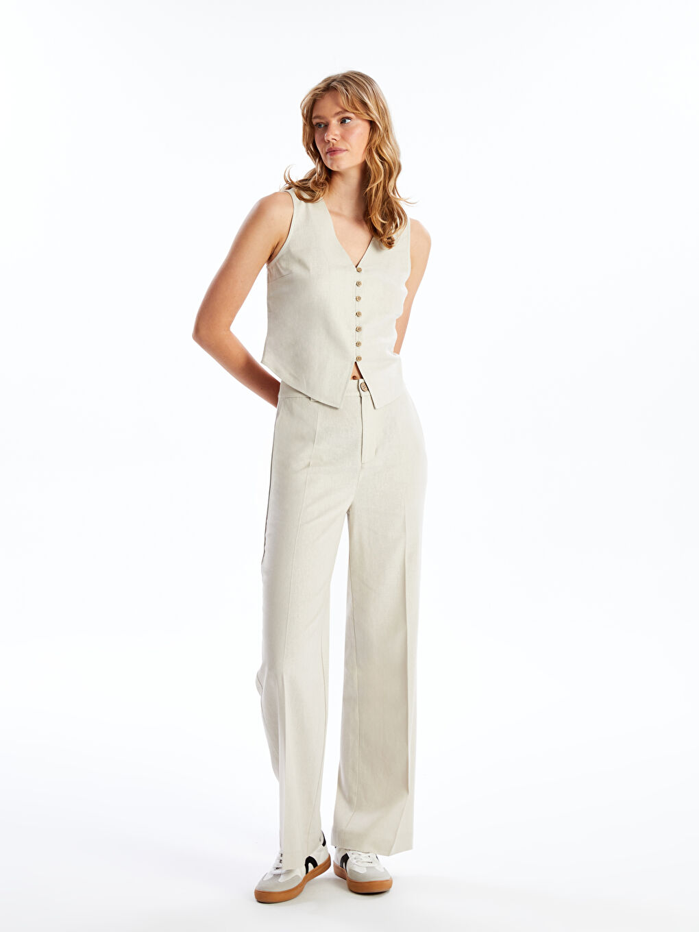 Regular Fit Plain Linen Blend Women's Trousers -S4JN91Z8-VL2