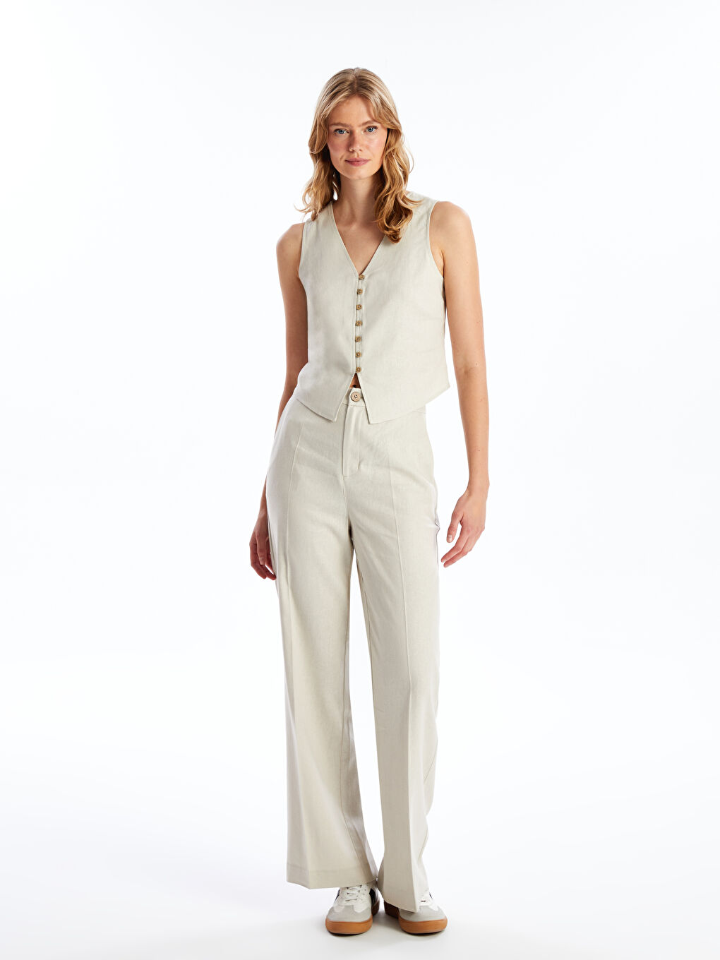 Regular Fit Plain Linen Blend Women's Trousers -S4JN91Z8-VL2