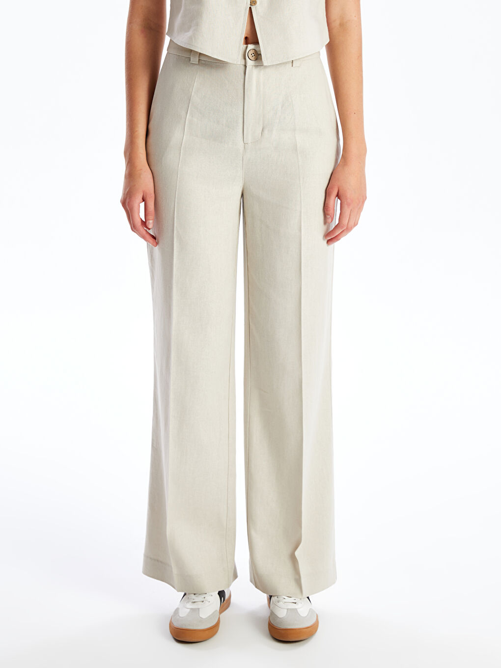 Regular Fit Plain Linen Blend Women's Trousers -S4JN91Z8-VL2
