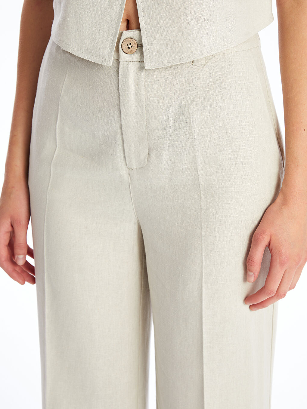 Regular Fit Plain Linen Blend Women's Trousers -S4JN91Z8-VL2