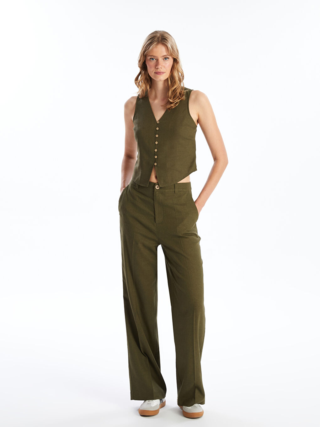 Regular Fit Plain Linen Blend Women's Trousers -S4JN91Z8-YGX