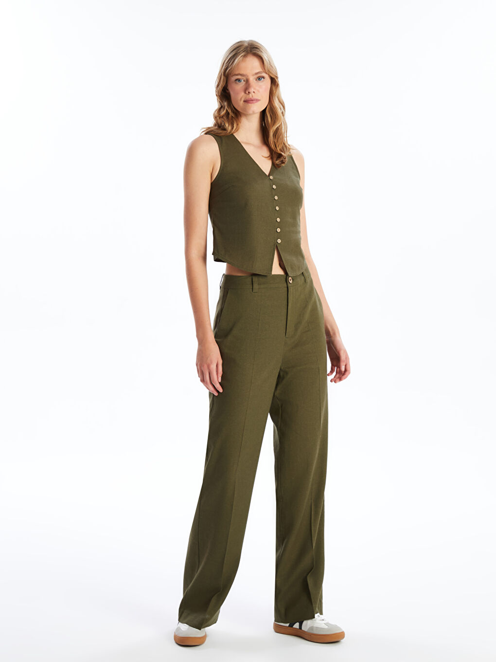 Regular Fit Plain Linen Blend Women's Trousers -S4JN91Z8-YGX