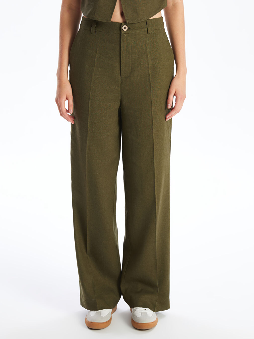 Regular Fit Plain Linen Blend Women's Trousers -S4JN91Z8-YGX