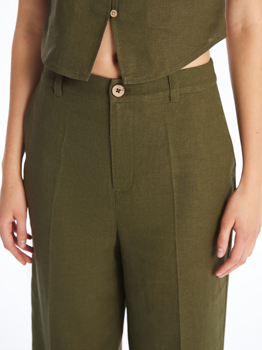 Regular Fit Plain Linen Blend Women's Trousers -S4JN91Z8-YGX