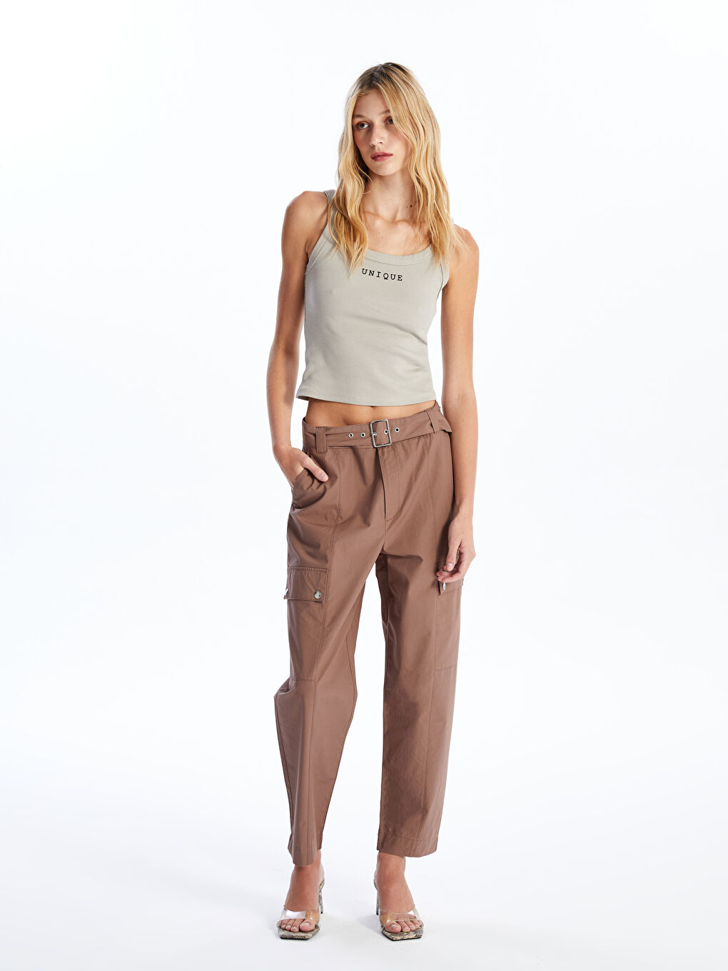 Belted Waist Slim Fit Women's Cargo Trousers -S4JN98Z8-YH8