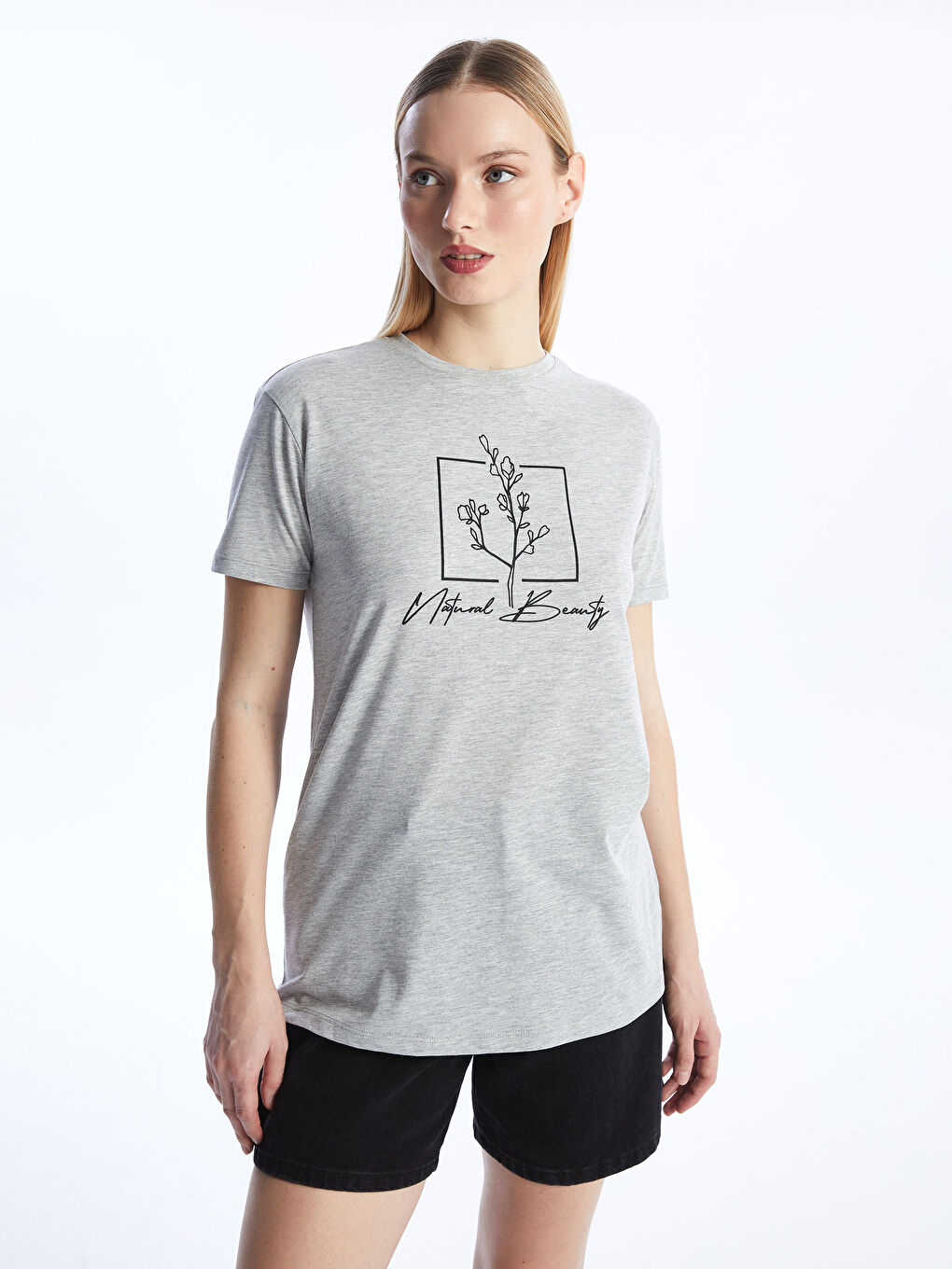 Gri Bisiklet Yaka Baskılı Kısa Kollu Kadın Tunik