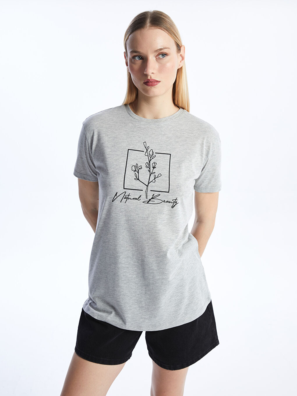 Gri Bisiklet Yaka Baskılı Kısa Kollu Kadın Tunik-1