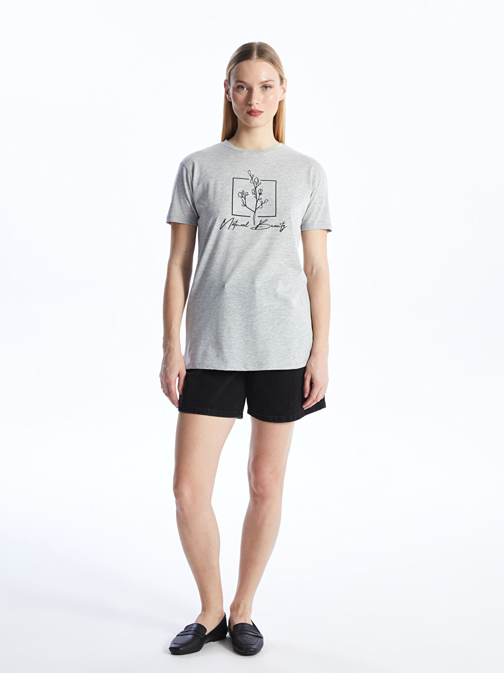 Gri Bisiklet Yaka Baskılı Kısa Kollu Kadın Tunik-2