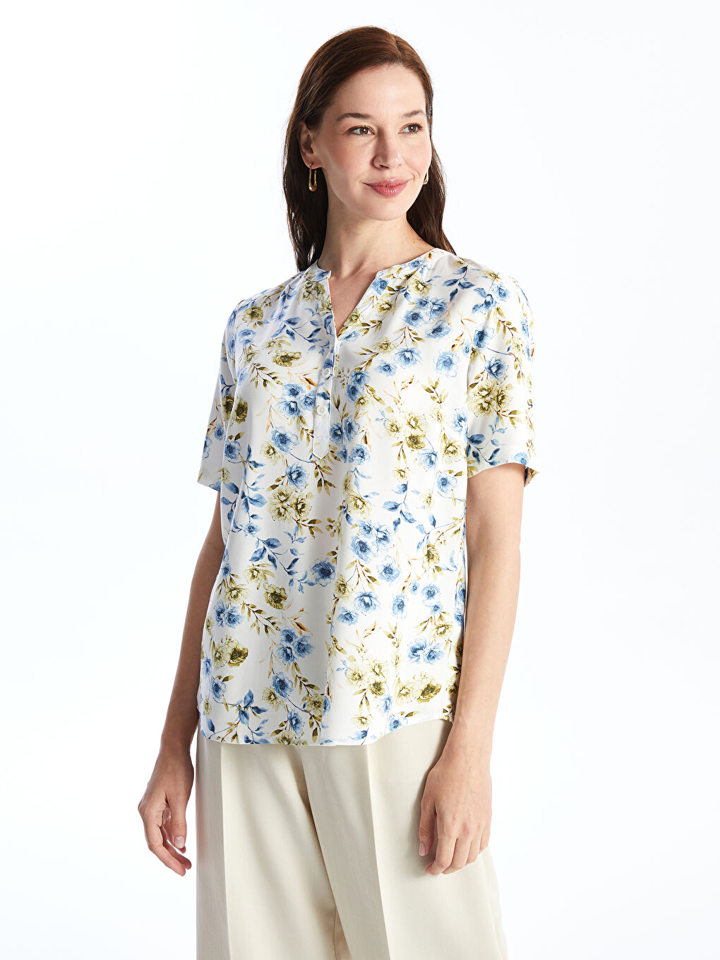 Notch Neck Floral Short Sleeve Women's Blouse -S4JP98Z8-LRA