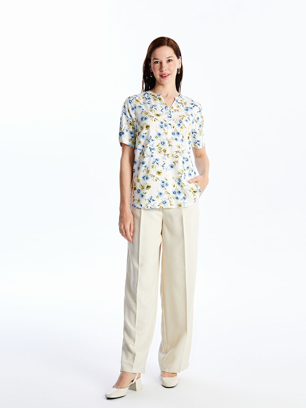 Notch Neck Floral Short Sleeve Women's Blouse -S4JP98Z8-LRA