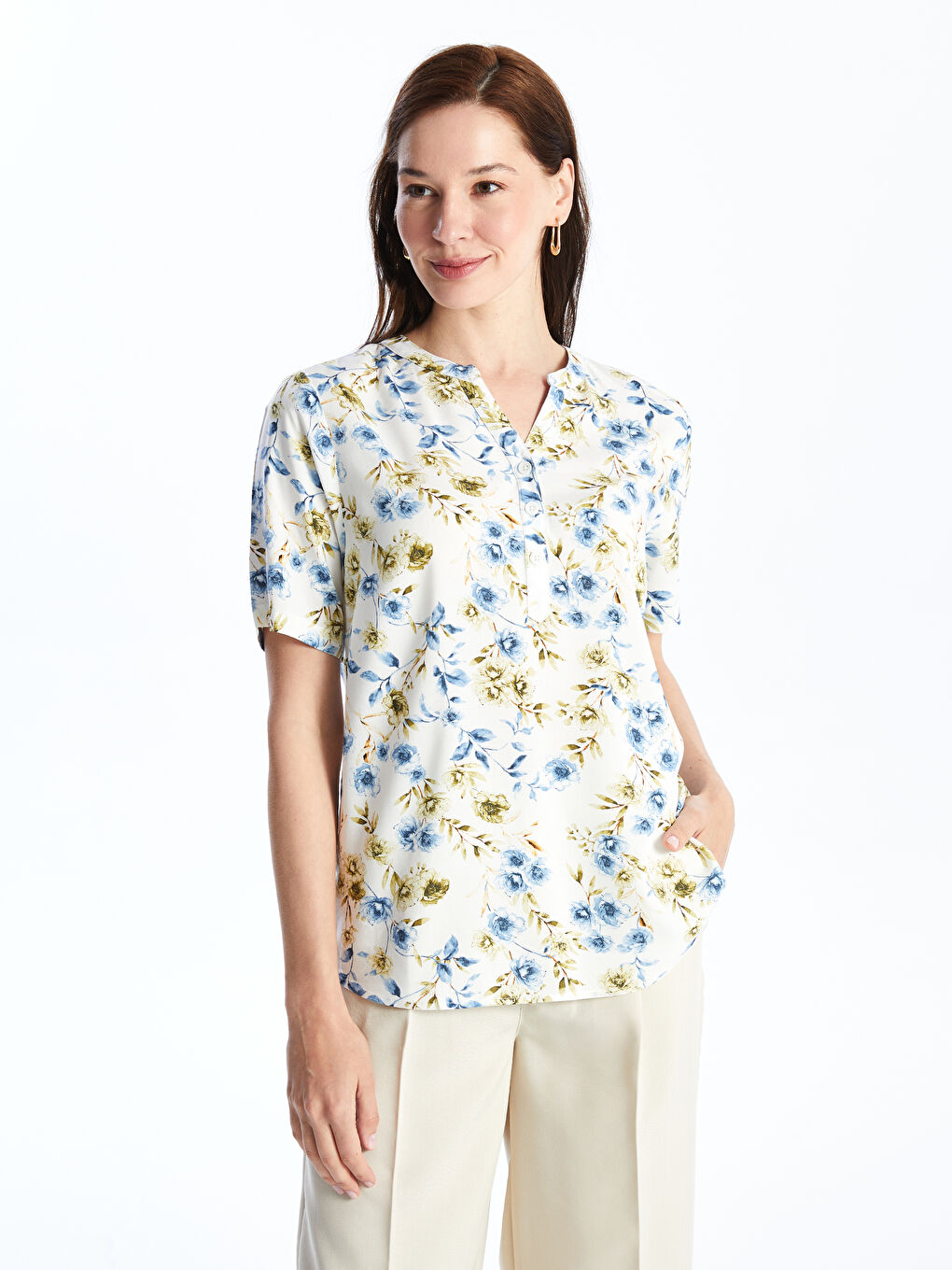 Notch Neck Floral Short Sleeve Women's Blouse -S4JP98Z8-LRA