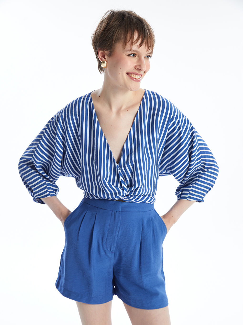 V Neck Striped Oversize Women's Blouse -S4JP99Z8-LEN