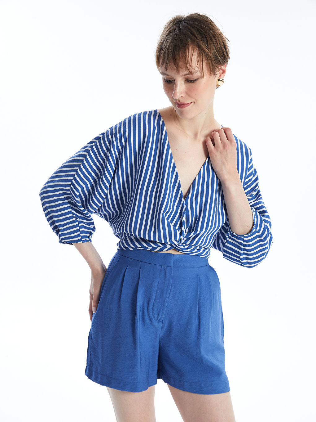 V Neck Striped Oversize Women's Blouse -S4JP99Z8-LEN