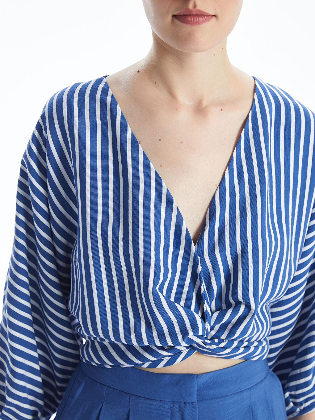 V Neck Striped Oversize Women's Blouse -S4JP99Z8-LEN