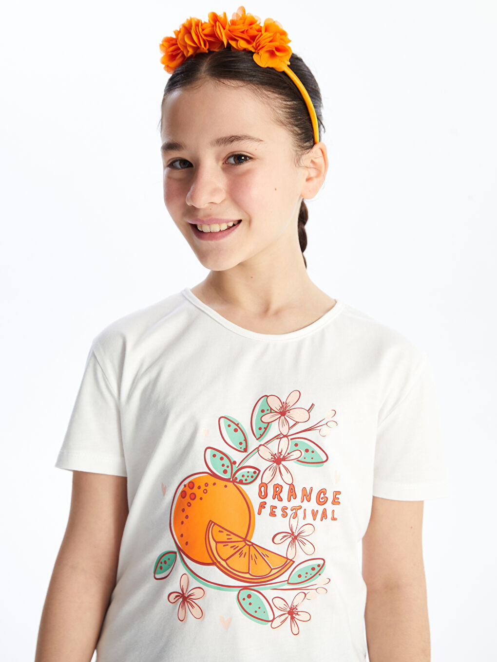 Ekru Bisiklet Yaka Baskılı Kısa Kollu Kız Çocuk Tişört ve Taç-2