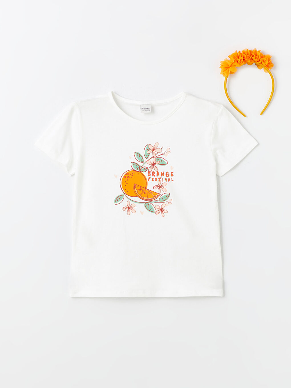 Ekru Bisiklet Yaka Baskılı Kısa Kollu Kız Çocuk Tişört ve Taç-3