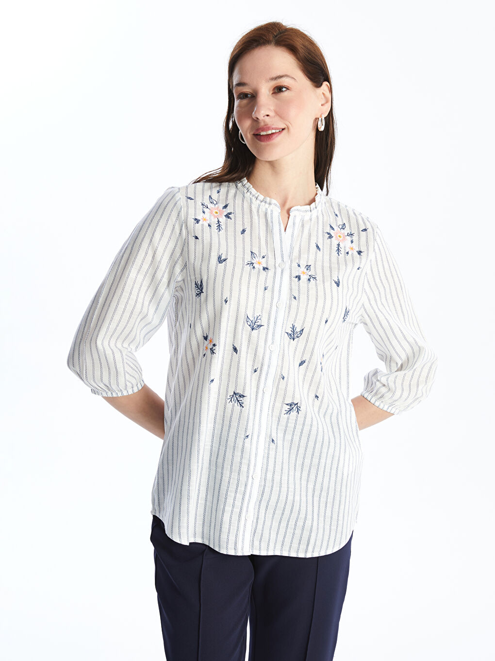 Notch Neck Striped Women's Blouse -S4JR26Z8-LEN