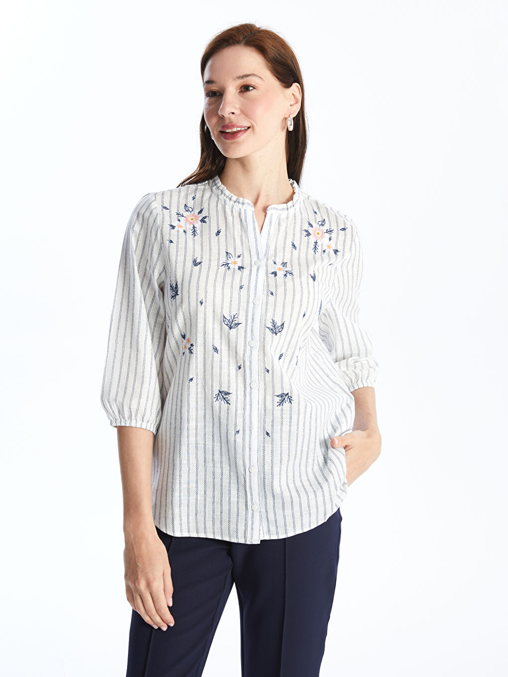 Notch Neck Striped Women's Blouse -S4JR26Z8-LEN
