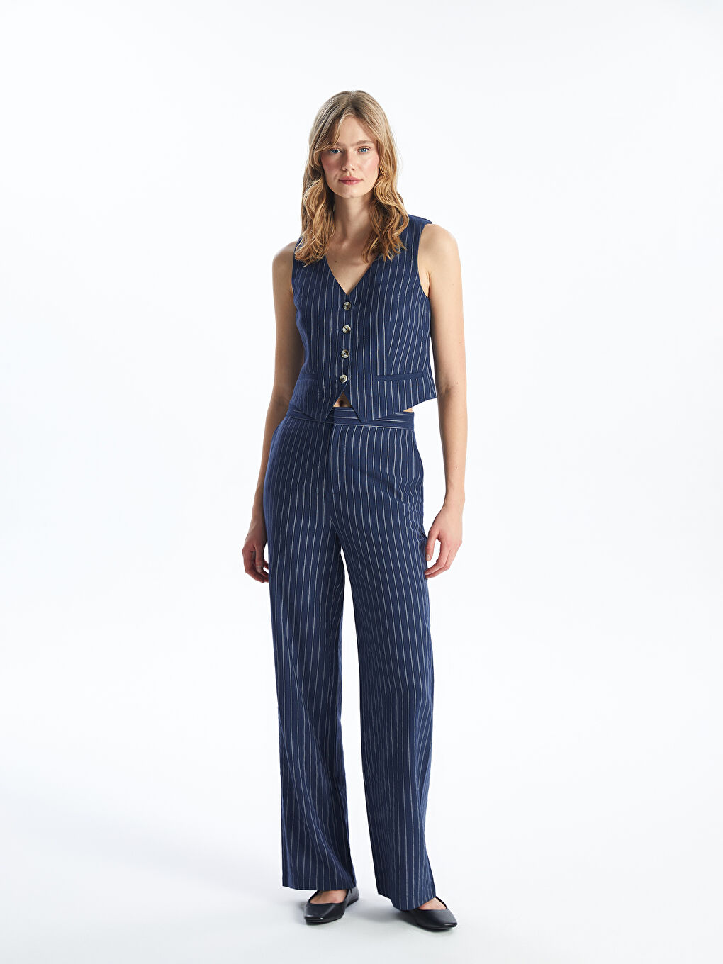 Standard Fit Striped Linen Blend Women's Trousers -S4JR49Z8-LGS