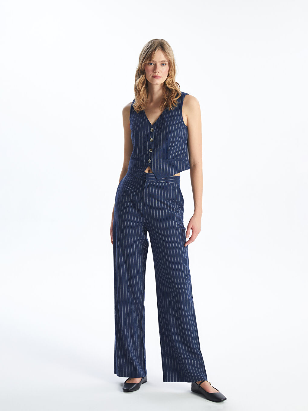 Standard Fit Striped Linen Blend Women's Trousers -S4JR49Z8-LGS