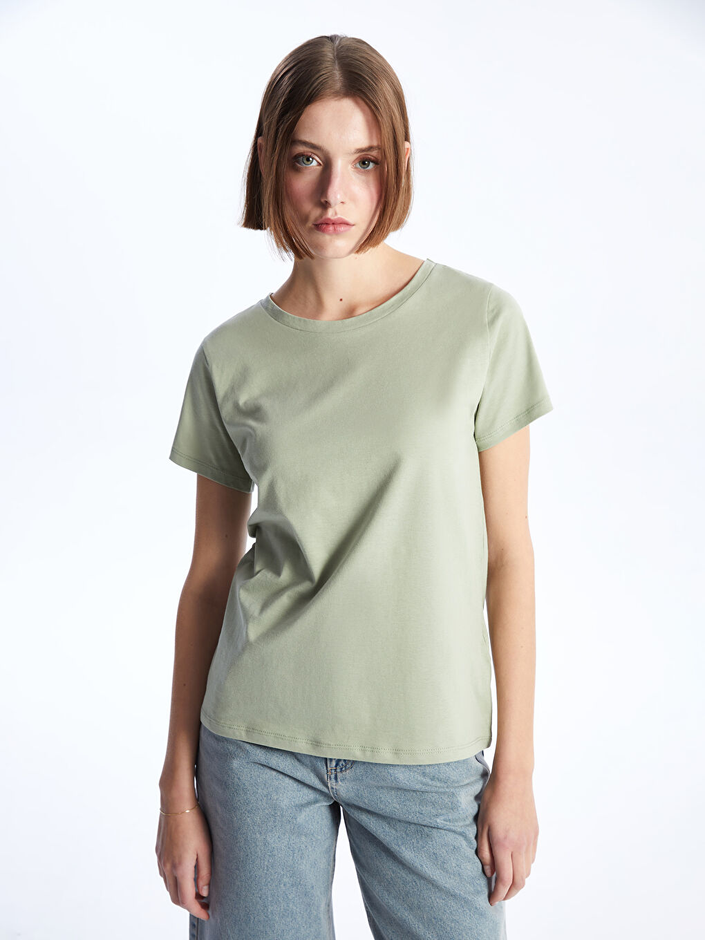 Yeşil Bisiklet Yaka Düz Kısa Kollu Kadın Tişört