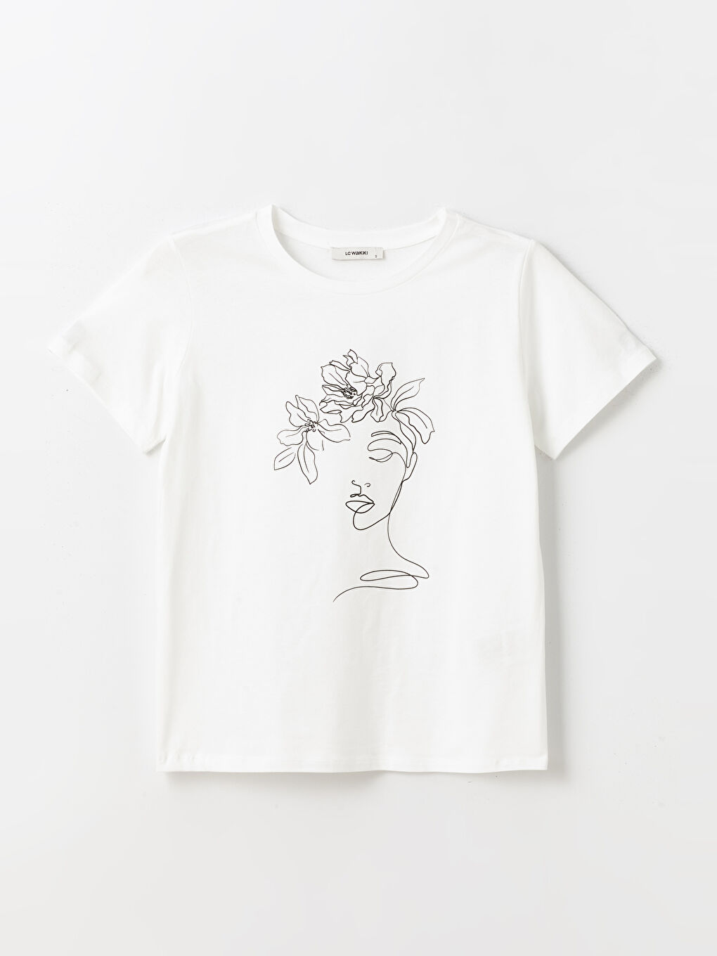 Beyaz Bisiklet Yaka Baskılı Kısa Kollu Kadın Tişört-5