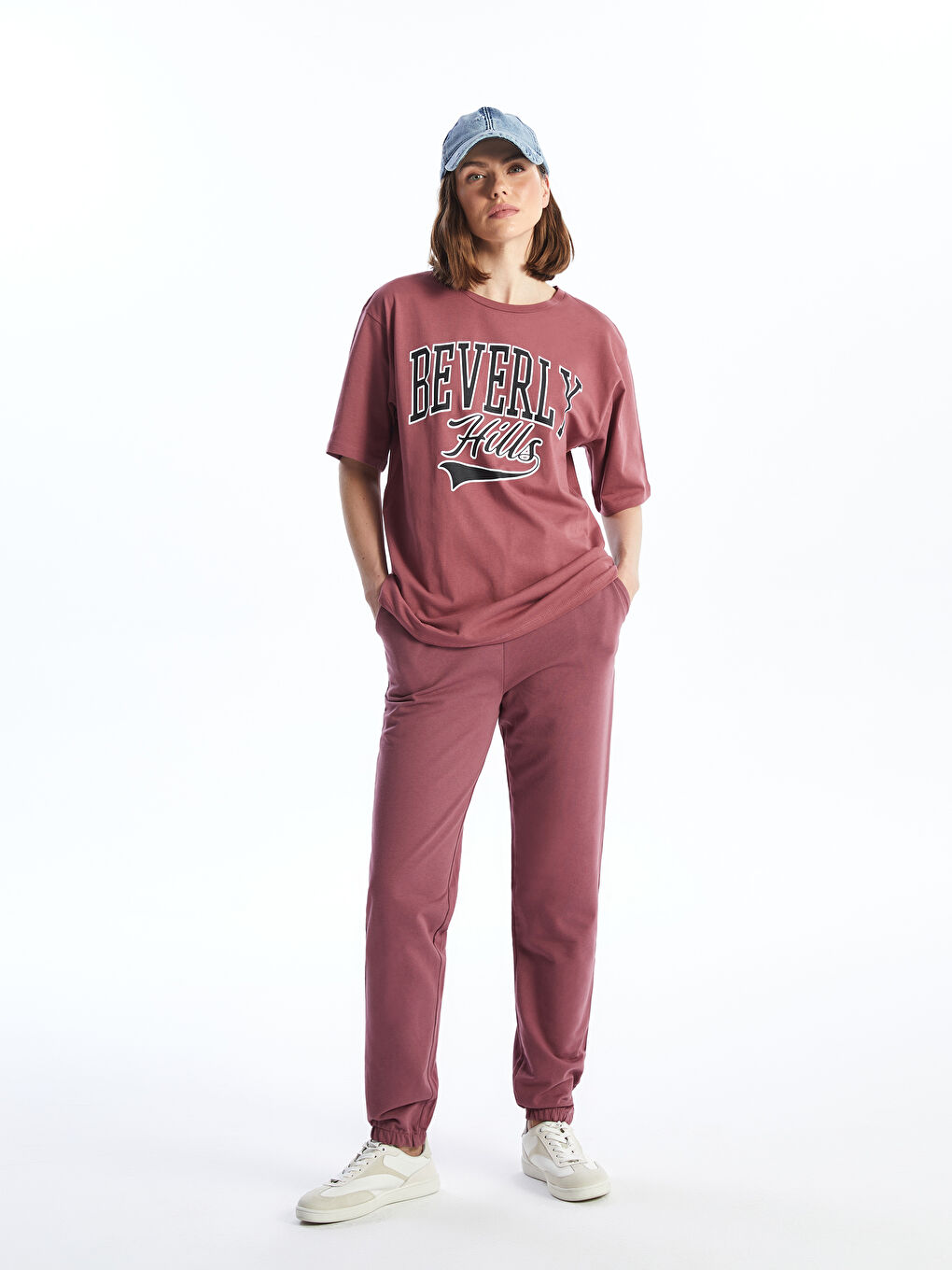 Pembe Bisiklet Yaka Baskılı Kısa Kollu Oversize Kadın Tişört-2