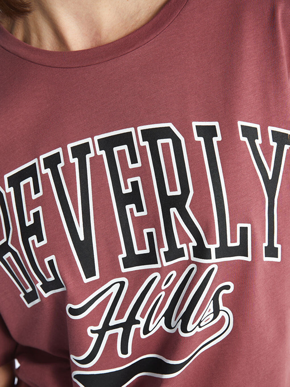 Pembe Bisiklet Yaka Baskılı Kısa Kollu Oversize Kadın Tişört-3