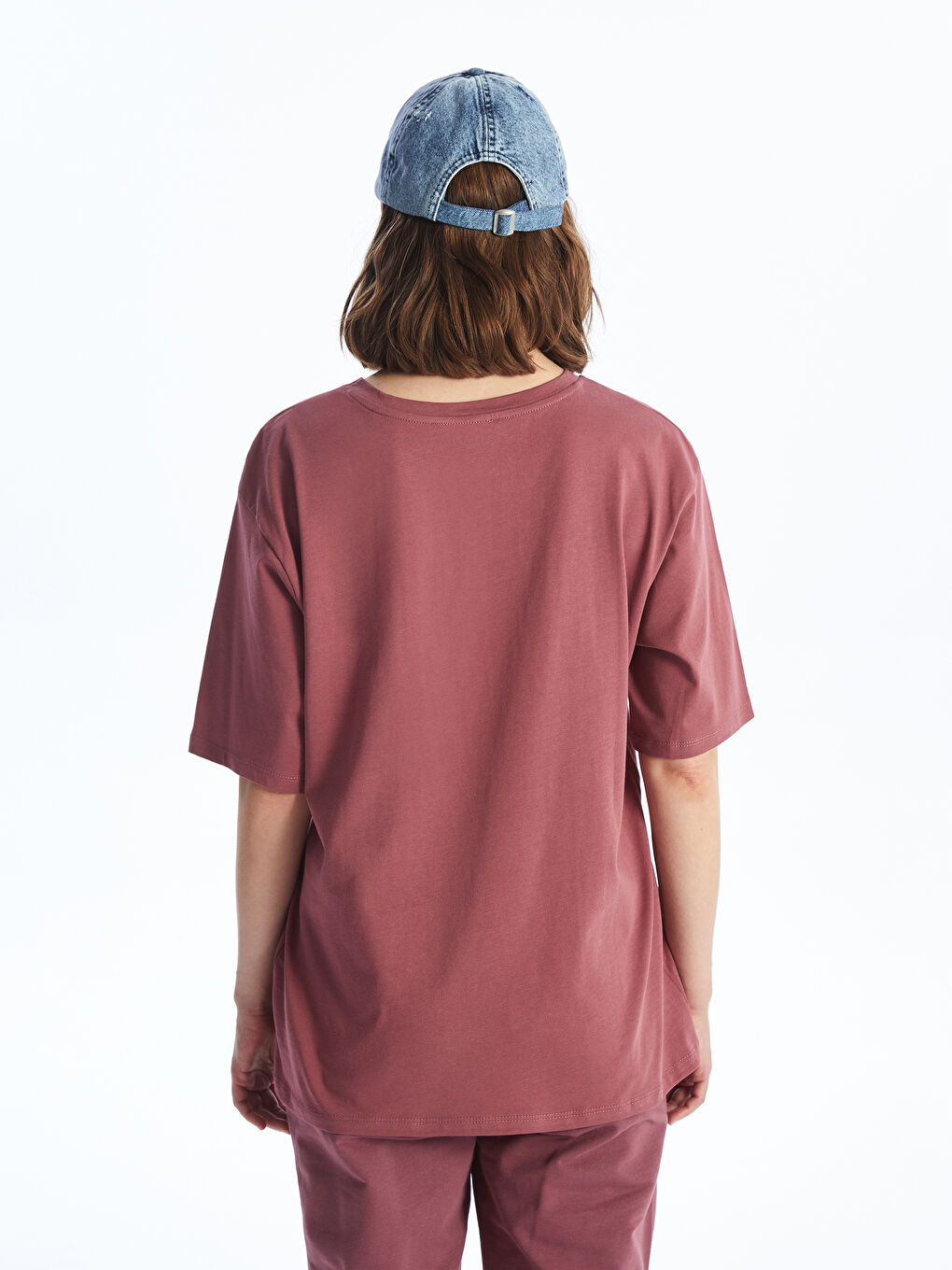 Pembe Bisiklet Yaka Baskılı Kısa Kollu Oversize Kadın Tişört-4