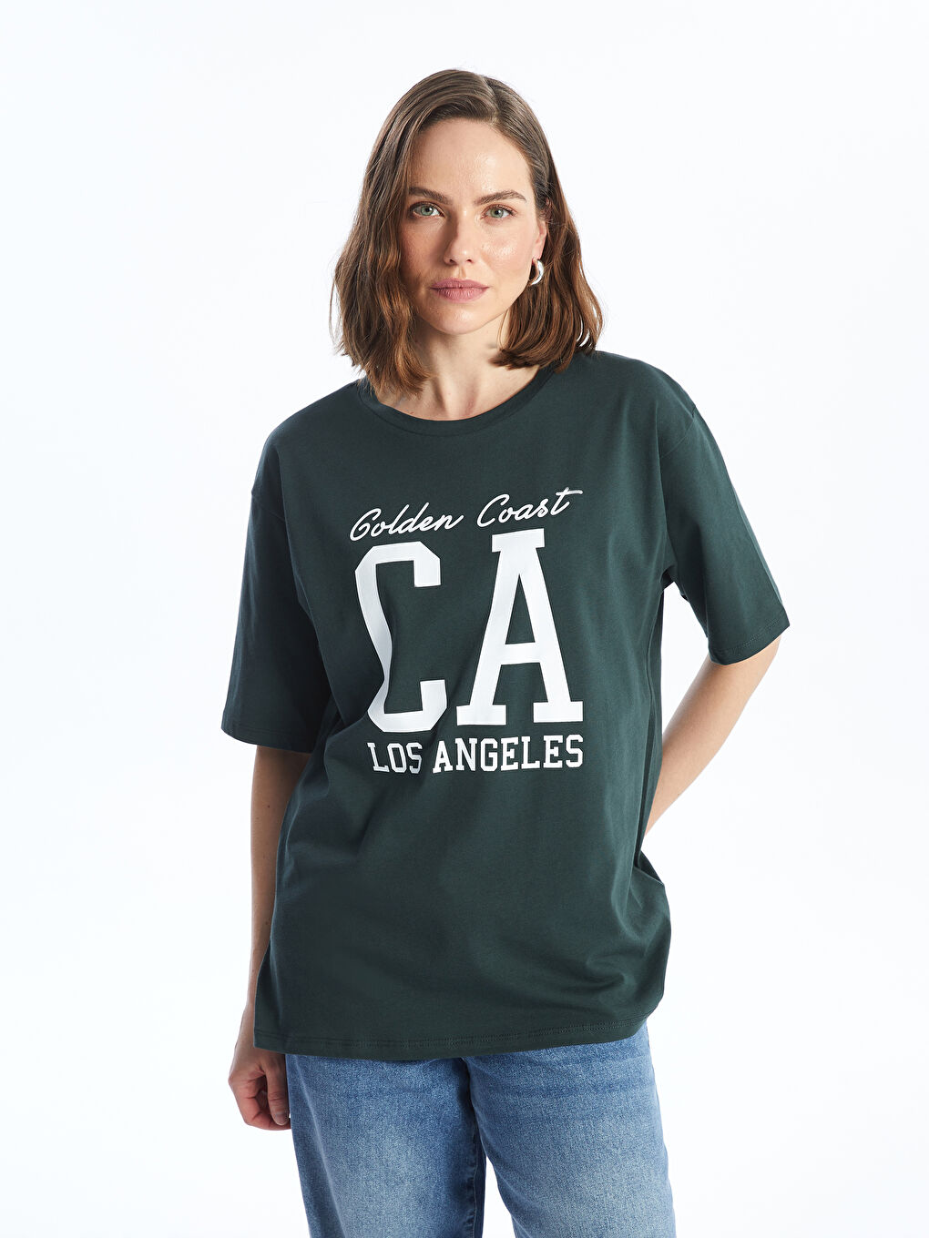 Yeşil Bisiklet Yaka Baskılı Kısa Kollu Oversize Kadın Tişört